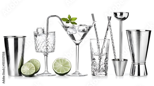 A collection of cocktail glasses and tools with lime halves, showcasing mixology essentials. photo