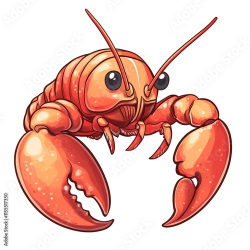 A cartoon lobster illustration, big claws, red, cute,  detailed illustration, sea creature, shellfish, ocean, animal,  vector art, drawing, graphic, design. photo