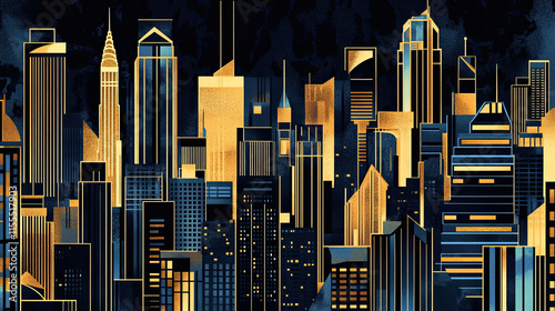 An abstract Art Deco-inspired design featuring sharp, geometric shapes forming the outline of New York City’s skyline