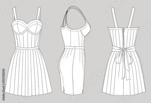Fashion-Forward Bustier Dress Vector Mock-Up Featuring Detailed Front and Back Views for Creative Projects
