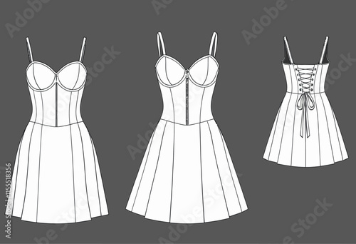 Contemporary Bustier Dress Technical Illustration Template with Front and Back Perspectives for Designers
