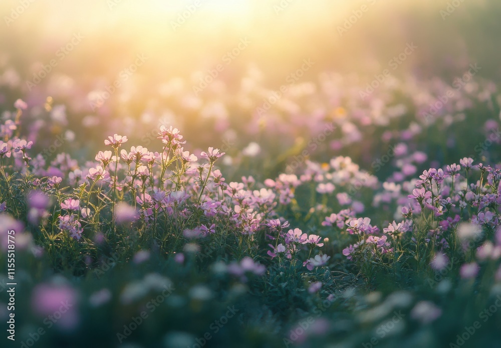 Obraz premium Serene Meadow Filled with Delicate Wildflowers Bathed in Soft Golden Light, Evoking a Sense of Tranquility and Connection to Nature in a Breathtaking Landscape