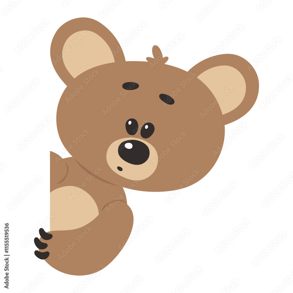 Obraz premium Cute cartoon teddy bear peeking out from behind. Vector isolated on white