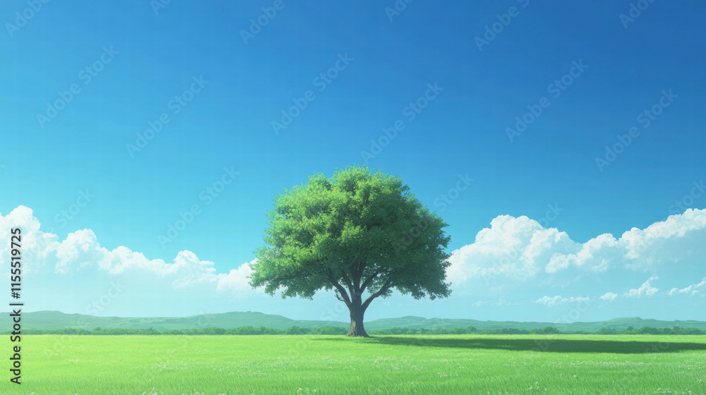 solitary tree stands in middle of vast green field under bright blue sky with scattered white clouds, evoking sense of peace and serenity solitary tree stands in middle of vast green field under bright blue sky with scattered white clouds, evoking sense of peace and serenity