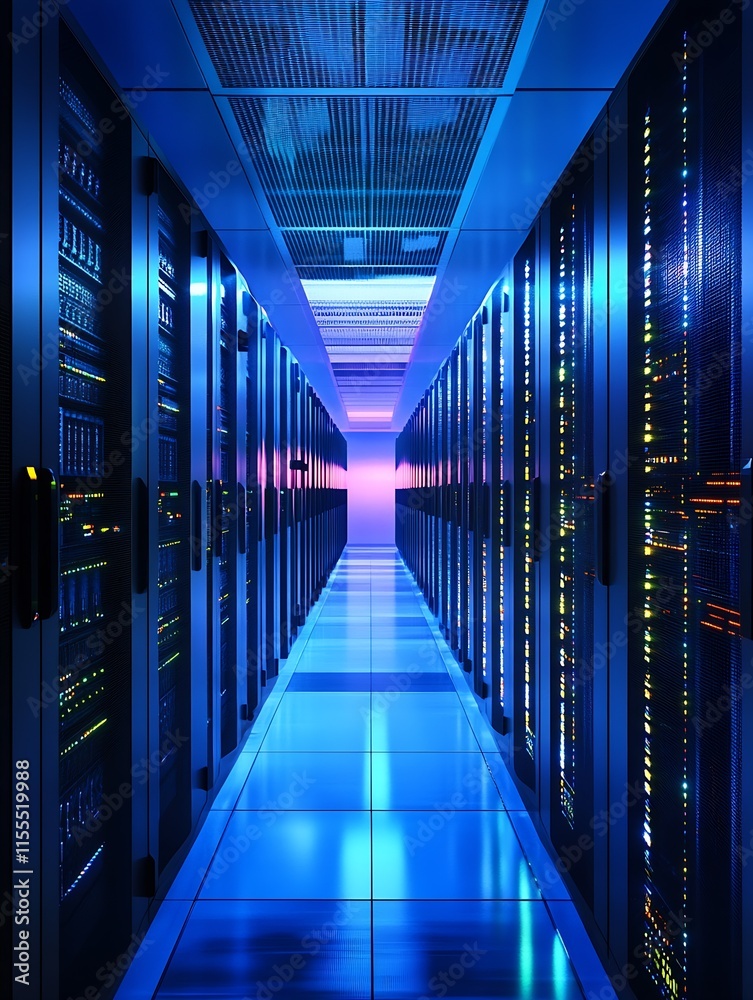 Fototapeta premium Modern data center server room with blue glowing lights : Generative AI