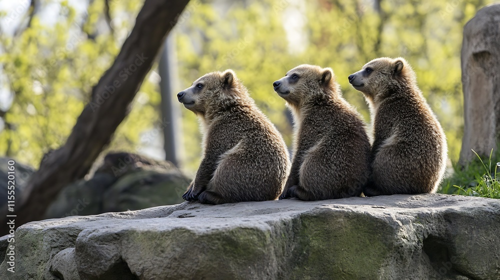 Obraz premium Three Bear Cubs Sitting on Boulder in Sunlit Forest Woodland Habitat : Generative AI