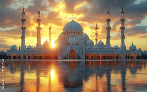 Majestic mosque at sunset, reflecting in still water. photo