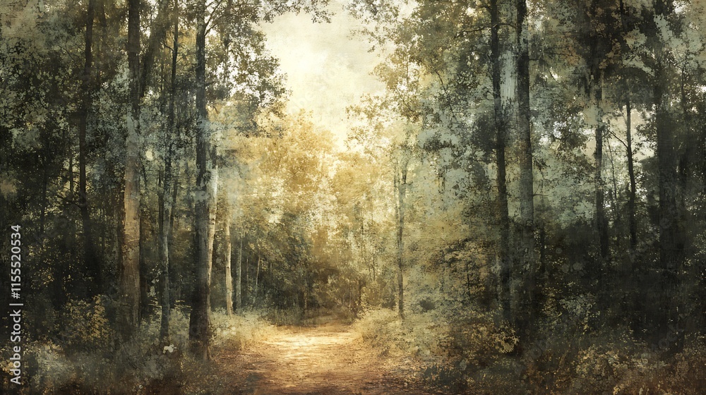 Fototapeta premium Vintage Woodland Path with Golden Autumn Foliage and Tranquil Light for Tranquil Nature Retreat : Generative AI
