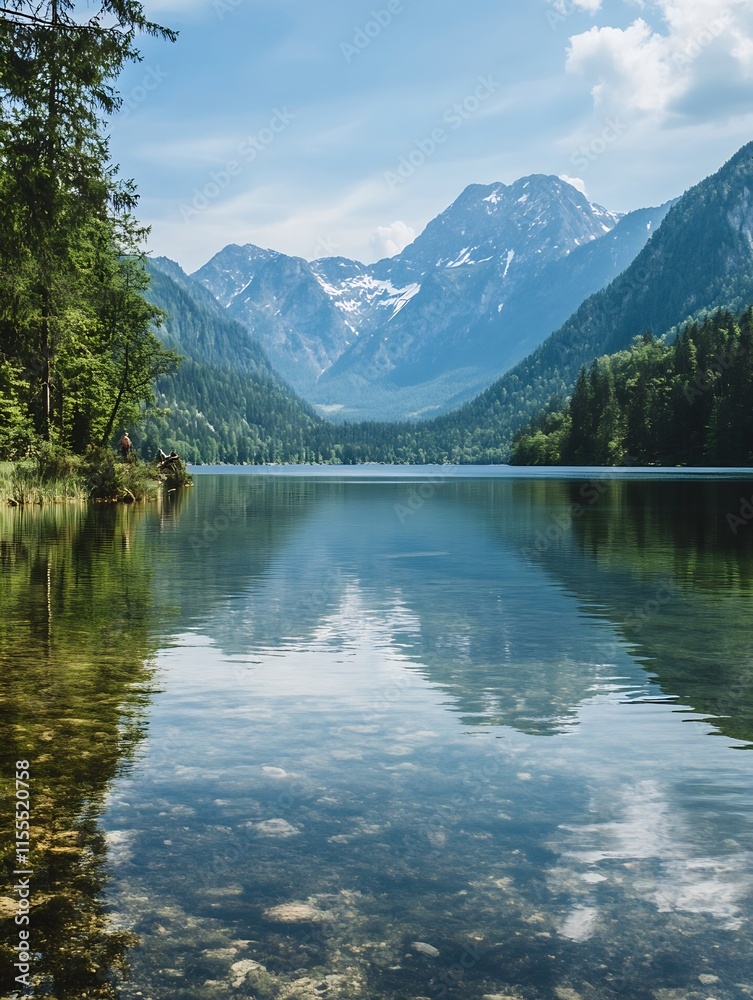Fototapeta premium Majestic Alpine Lake with SnowCapped Mountain Reflections : Generative AI