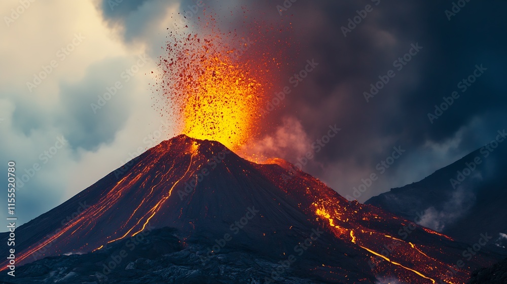 Dynamic Volcanic Eruption with Fiery Lava and Ash Emission Captured in Vivid Natural Landscape : Generative AI Dynamic Volcanic Eruption with Fiery Lava and Ash Emission Captured in Vivid Natural Landscape : Generative AI