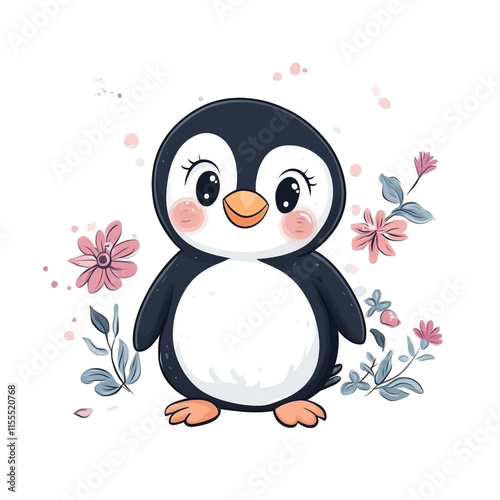 Adorable Penguin with Flowers: A Cute Cartoon Illustration photo