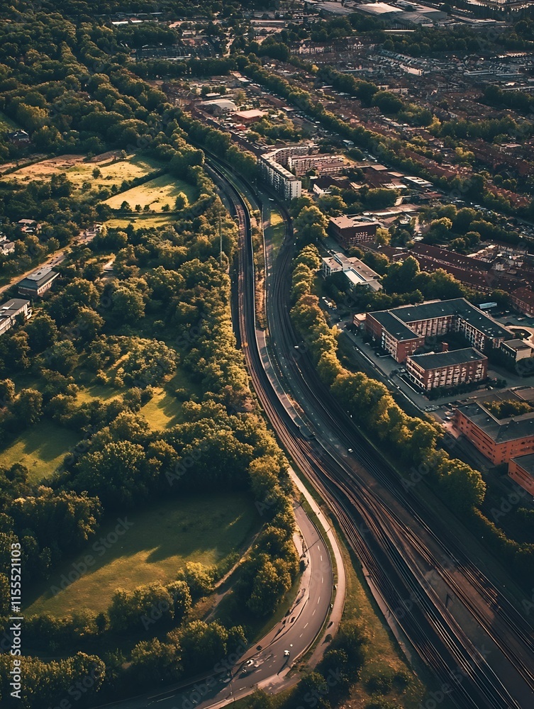 Aerial Perspective of Urban Cityscape with Railway Tracks and Green Spaces : Generative AI Aerial Perspective of Urban Cityscape with Railway Tracks and Green Spaces : Generative AI