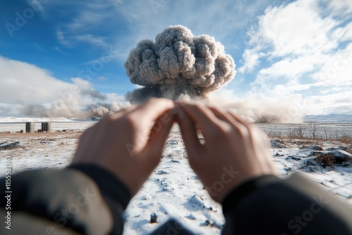 A close-up view of hands shielding ears as a powerful explosion erupts in the distance, showcasing the human element in facing unforeseen catastrophic events. photo