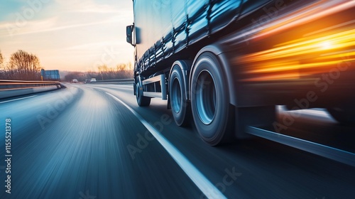 A dynamic shot of a truck on a highway during sunset, showcasing speed.