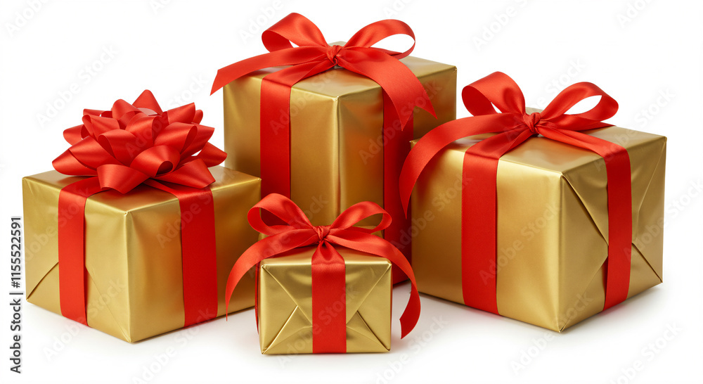 Gold gift boxes with red ribbons and bows. Gold gift boxes with red ribbons and bows.