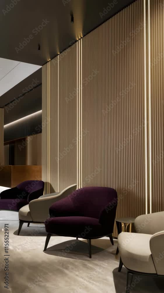 Animation Modern interior design of a spacious lobby with velour furniture. Wide hallways and marble flooring. Stylish minimalist aesthetic in dark colors.