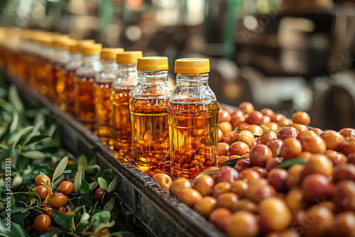 The traditional process of olive oil production, highlighting the harvesting of olives, pressing for oil extraction, and bottling stages, capturing the essence of Mediterranean agriculture and craftsm photo