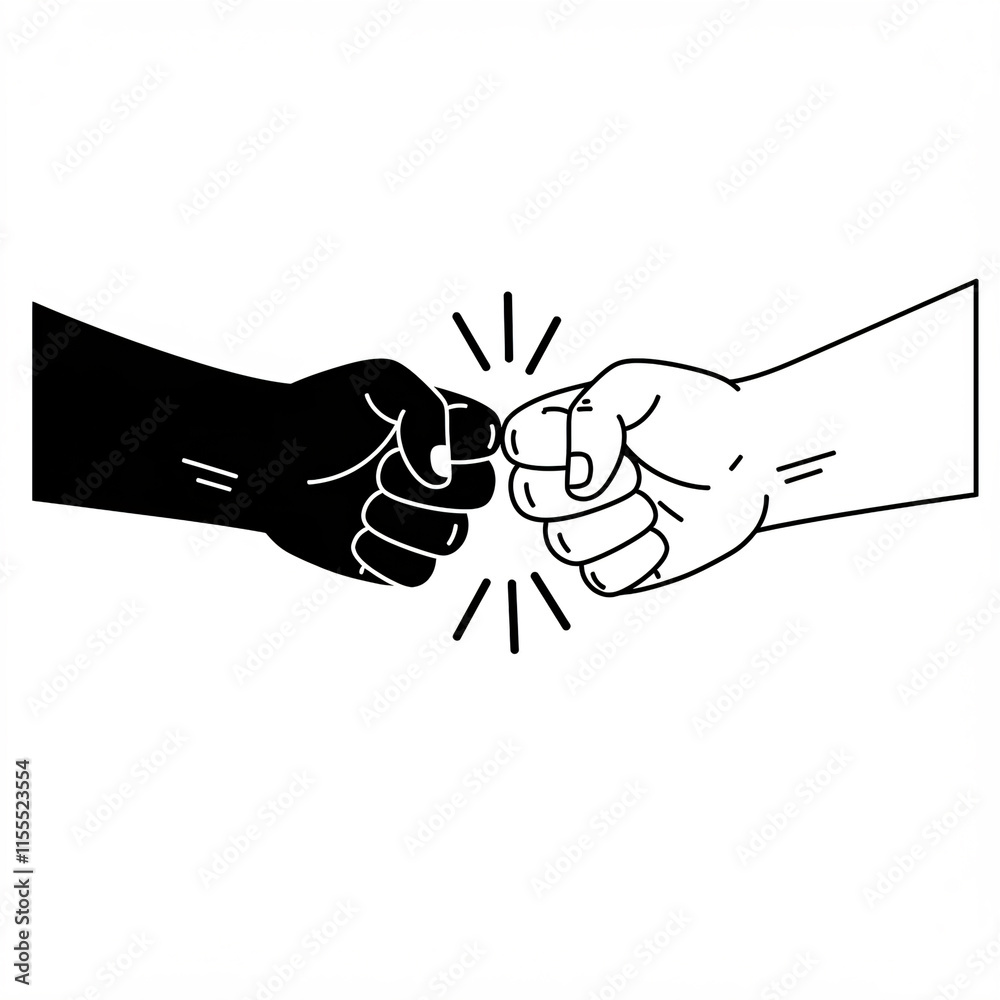 Illustration of two fists in a fist bump, one black and one white, with impact lines. Illustration of two fists in a fist bump, one black and one white, with impact lines.
