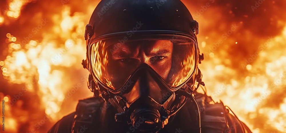 A firefighter in protective gear stands against a backdrop of flames. A firefighter in protective gear stands against a backdrop of flames.