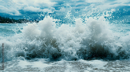 Dramatic ocean wave crashing on shore, creating a stunning spray of white water against a blue sky with dark clouds.