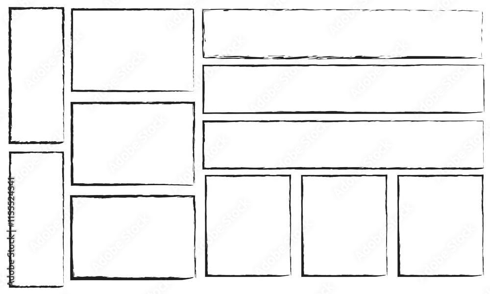 Grunge square and rectangle frames. Ink empty black boxes set. Rectangle borders collections. Rubber square stamp imprint. isolated on white background. Vector illustration. EPS 10 .
