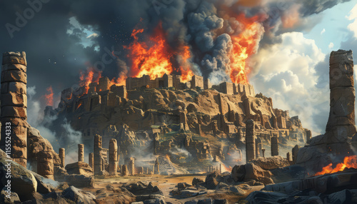 The burning acropolis of Troy, with intense flames consuming the ancient citadel, smoke rising into the sky, and crumbling ruins scattered across the devastated landscape