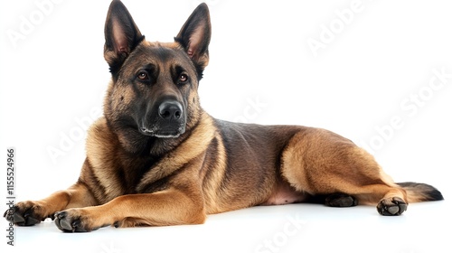 Majestic German Shepherd with erect ears and attentive eyes lying on white background : Generative AI photo