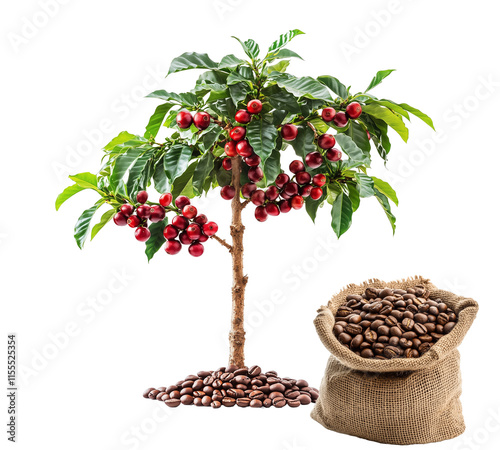 Coffee tree and coffee bean isolated on transparent background 