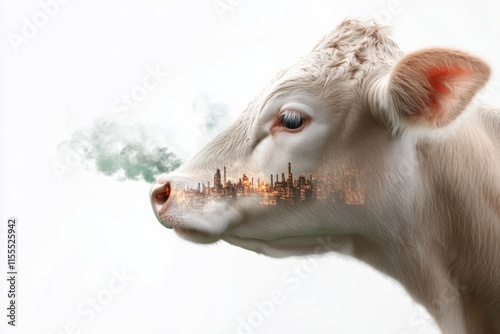 The image of a cow features an intriguing blend of an urban skyline within its profile, illustrating the connection between agriculture and industrial society. photo