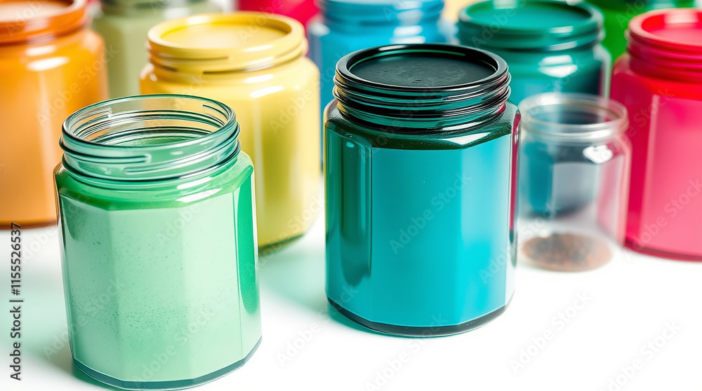 Colorful paint jars on white background. Concept of art supplies and creativity. Colorful paint jars on white background. Concept of art supplies and creativity.