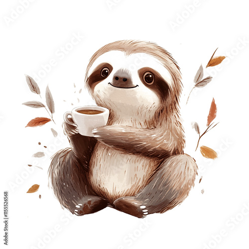 Adorable Sloth Enjoying a Warm Drink amidst Autumn Leaves photo