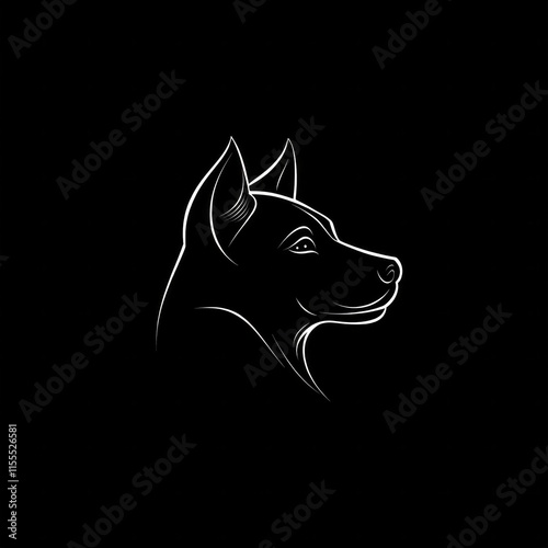 Minimalist line art dog profile against black background in white outline photo