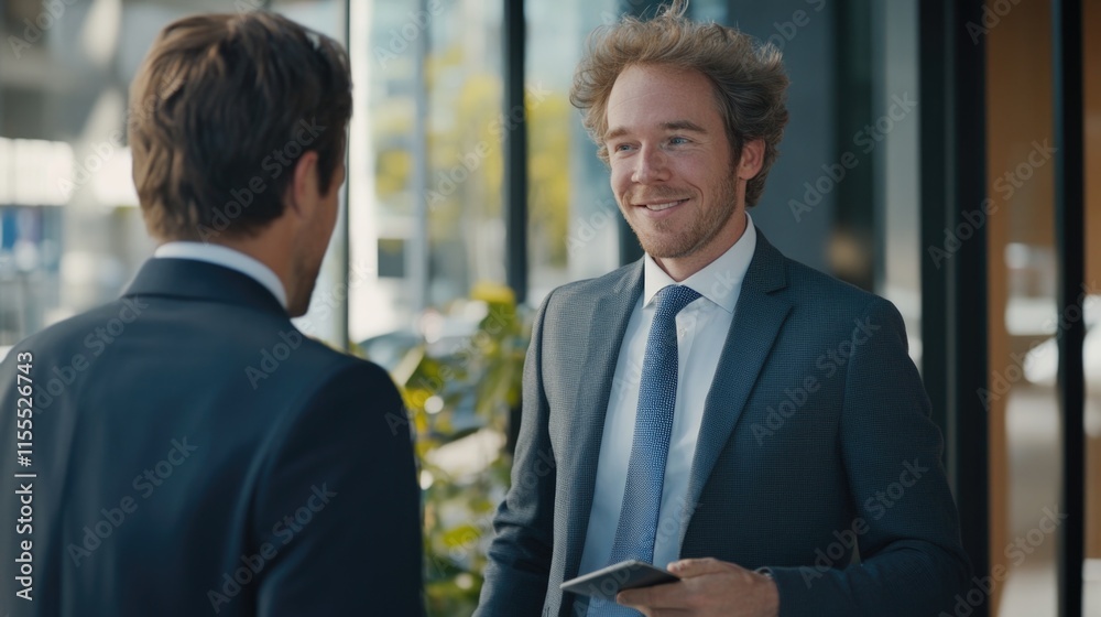 Client at business meeting. Two business man in suit talking about finance news standing in modern city. Businessmen walking and talking outdoor in New York city. Confident employee talk with Client at business meeting. Two business man in suit talking about finance news standing in modern city. Businessmen walking and talking outdoor in New York city. Confident employee talk with