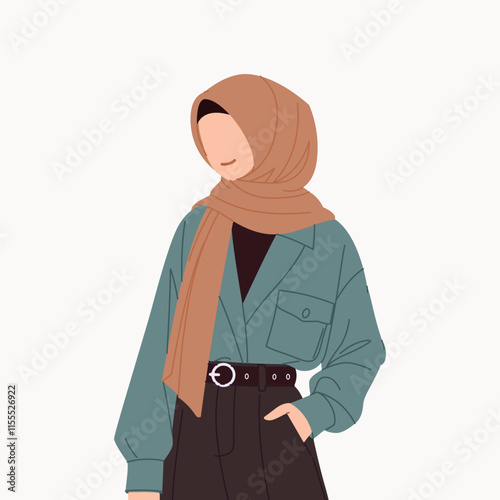 A Stylish and Elegant Illustration of a Faceless Hijabi Girl in Modern Casual Chic Attire