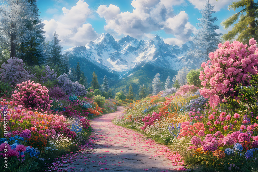 Serene mountain landscape with vibrant floral path. A picturesque stone path winds through a breathtaking array of blooming flowers, leading towards majestic snow-capped mountains under a bright sky. Serene mountain landscape with vibrant floral path. A picturesque stone path winds through a breathtaking array of blooming flowers, leading towards majestic snow-capped mountains under a bright sky.