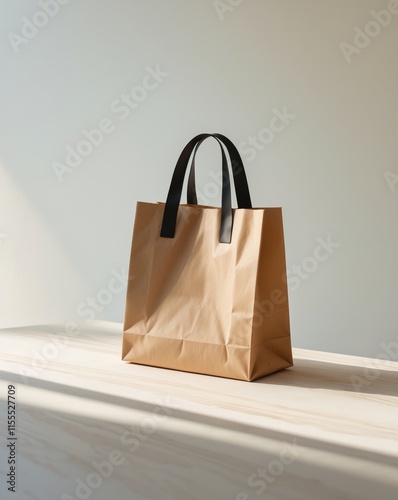 A brown paper bag with a black handle sits on a table