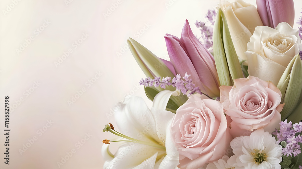 Abstract and creative background. A soft and elegant Mother's Day banner featuring a beautiful floral bouquet of roses Abstract and creative background. A soft and elegant Mother's Day banner featuring a beautiful floral bouquet of roses