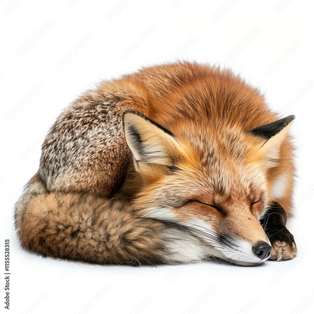 Red fox lying down with its tail wrapped around its body, sleeping peacefully on a white background Red fox lying down with its tail wrapped around its body, sleeping peacefully on a white background