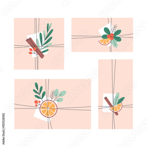 Gift boxes with Christmas floral decorations, cinnamon, orange. Christmas presents. Vector illustration in flat style