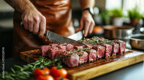 Chef slicing cooked beef steak on wooden board.
