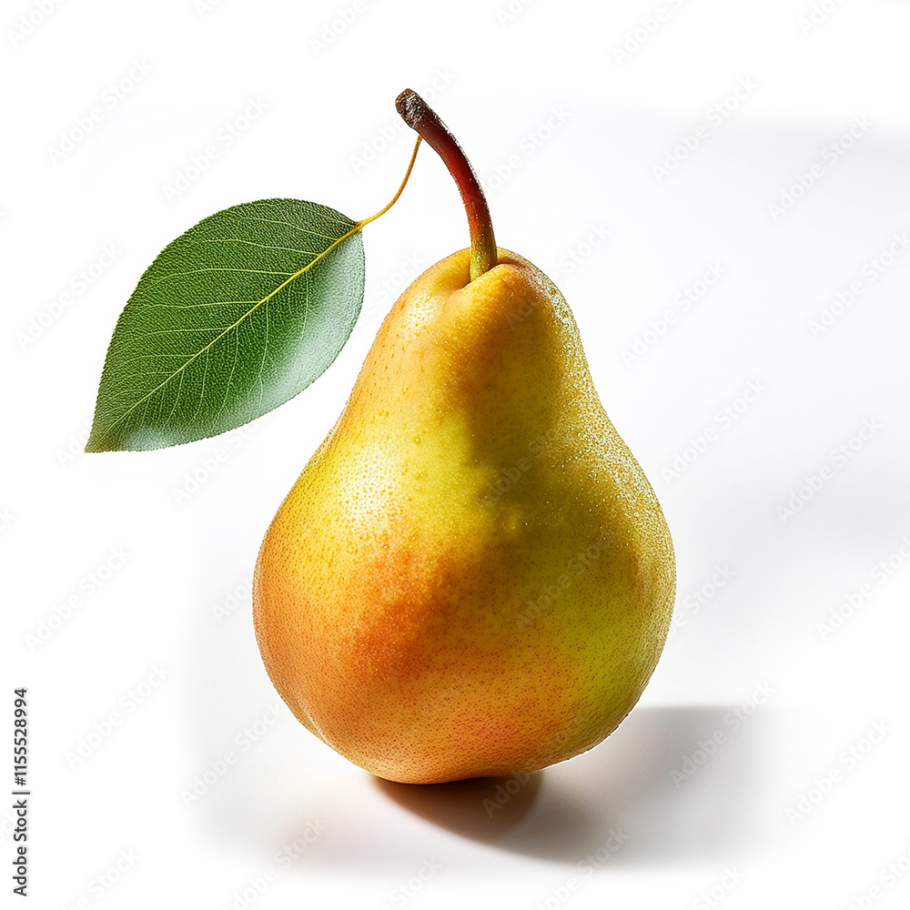 Pear with Natural Leaves- A ripe pear with attached leaves and subtle natural shadows Pear with Natural Leaves- A ripe pear with attached leaves and subtle natural shadows