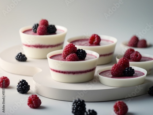 Layered Dessert Cups Topped With Raspberries And Blackberries photo