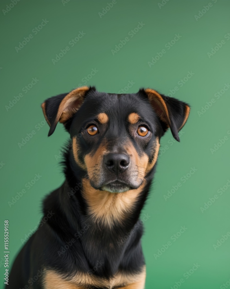 Fototapeta premium A black and tan dog with brown eyes on a green background