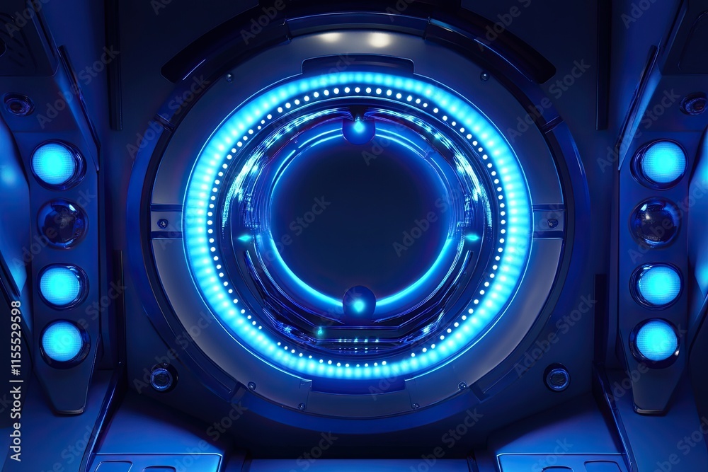 Fototapeta premium Futuristic 3D metallic blue podium with vibrant blue spotlights, ideal for concept technology, displays,