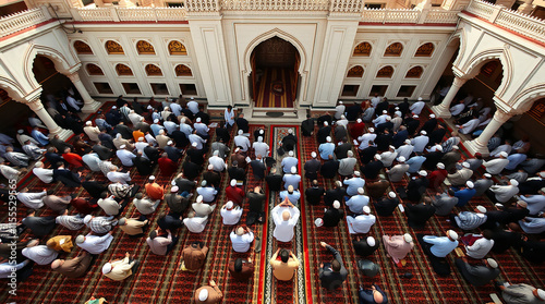 Muslim people praying in mosque. Concept of faith, religion, and community.