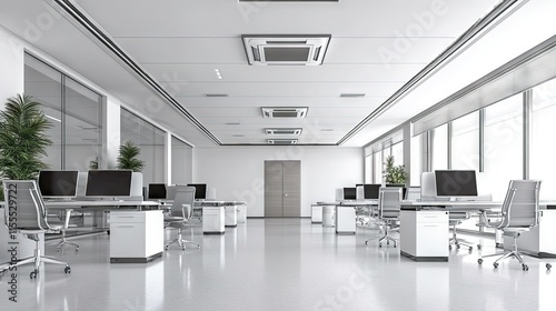 An open-plan office with discreet ceiling-mounted air conditioning units maintaining a cool ambiance. photo