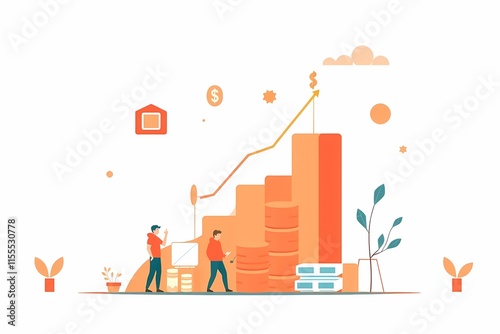 Climbing the Ladder of Success: Two colleagues collaborate, building a staircase of progress towards a financial summit, symbolizing their shared ambition and dedication.