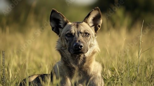 Wild African Dog Relaxing in Sunlit Grassland Habitat with Focused Gaze : Generative AI photo