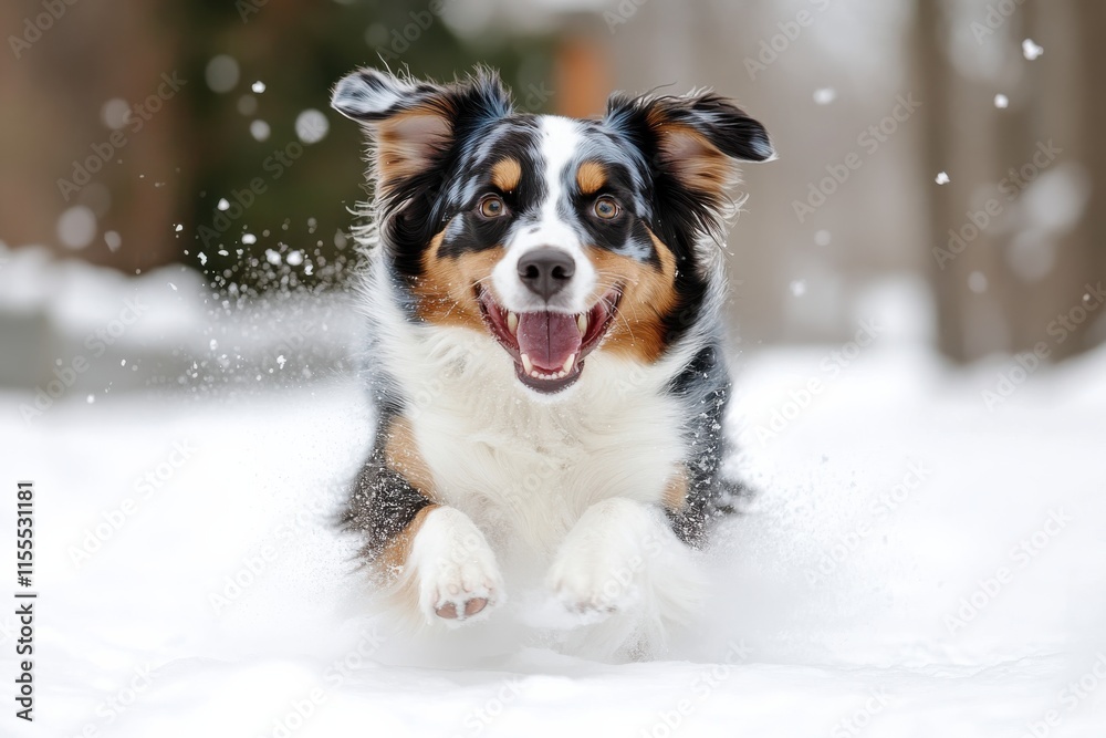 A joyful dog leaps through fluffy snow, capturing the essence of winter fun and playfulness, conveying happiness and energy in the snowy surroundings. A joyful dog leaps through fluffy snow, capturing the essence of winter fun and playfulness, conveying happiness and energy in the snowy surroundings.