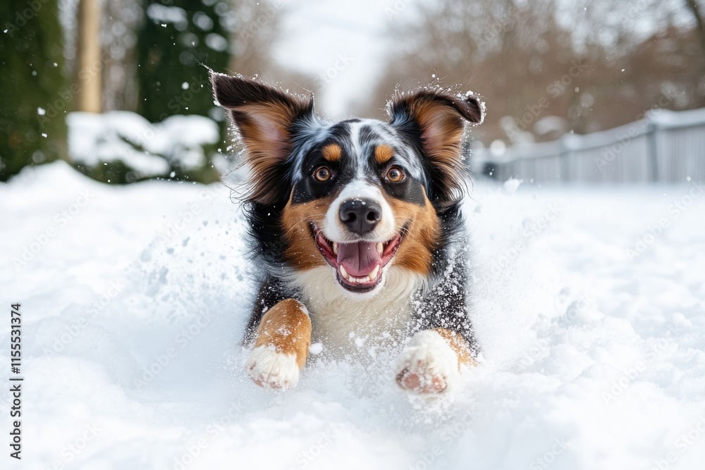 A playful dog bounds through a vibrant snowy field, capturing the essence of winter's beauty and the joy of outdoor adventures in the cold season.